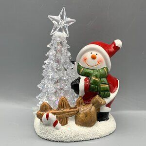 Cute Ceramic Snowman Dressed like Santa with Clear Light-Up Tree